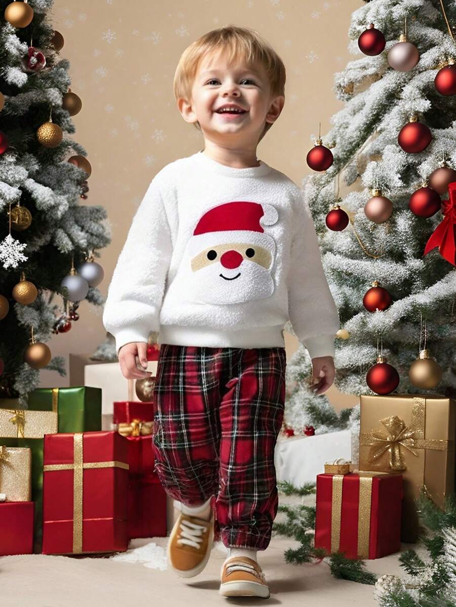 SHEIN Playful Pals 年轻男孩圣诞老人图案羊毛运动衫和格子裤两件套，适合冬季、节日、派对、家庭聚会、居家 - 彩色 - 查看 1