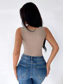 SHEIN LUNE 女式純色加厚圓領休閒背心，適用於秋冬季節 - 卡其色 - 查看 2