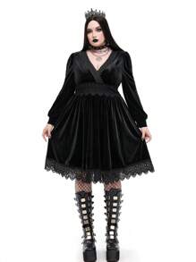 Whyspr Goth Punk Punk Gothic Plus Size V-Neck Lace Trim Puff Sleeve Velvet A-Line Party Dress, Elegant Goth Women Outfit - Black - View 8