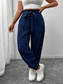 SHEIN Frenchy Pantalones holgados de talla grande para mujer de diseño con lazo en la cintura, de moda informal y transpirables, en azul marino/azul zafiro