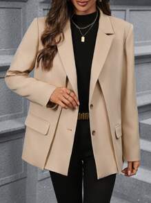 SHEIN Clasi 女士双翻领不对称开衩西装外套 - 杏色 - 查看 1