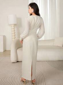 Modelyn 女士纯色拼接前扣长袖休闲连衣裙长款女士装长款晚礼服 - 杏色 - 查看 3