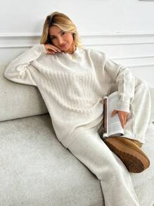 SHEIN Tall Tall 2 Pcs Set: Cable Knit White Sweater And Wide Leg Pants, Casual/Loungewear Everyday Homewear Autumn Lounge - Apricot - View 9
