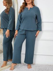 V-Neck Fleece Ribbed Long Sleeve Plus Size Pajama Set