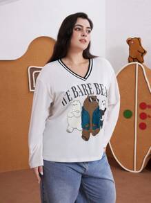 We Bare Bears X SHEIN 女士大码休闲卡通字母印花 V 领宽松落肩 T 恤，白色，秋季 - 米色 - 查看 4