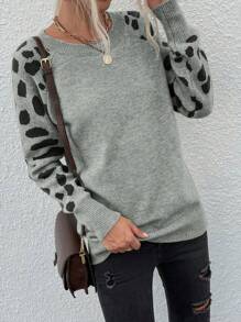 EMERY ROSE Casual Mixed Polka Dot Pattern Raglan Sleeve Knit Sweater For Autumn/Winter Knit Pullover Fall Outfit - Grey - View 5