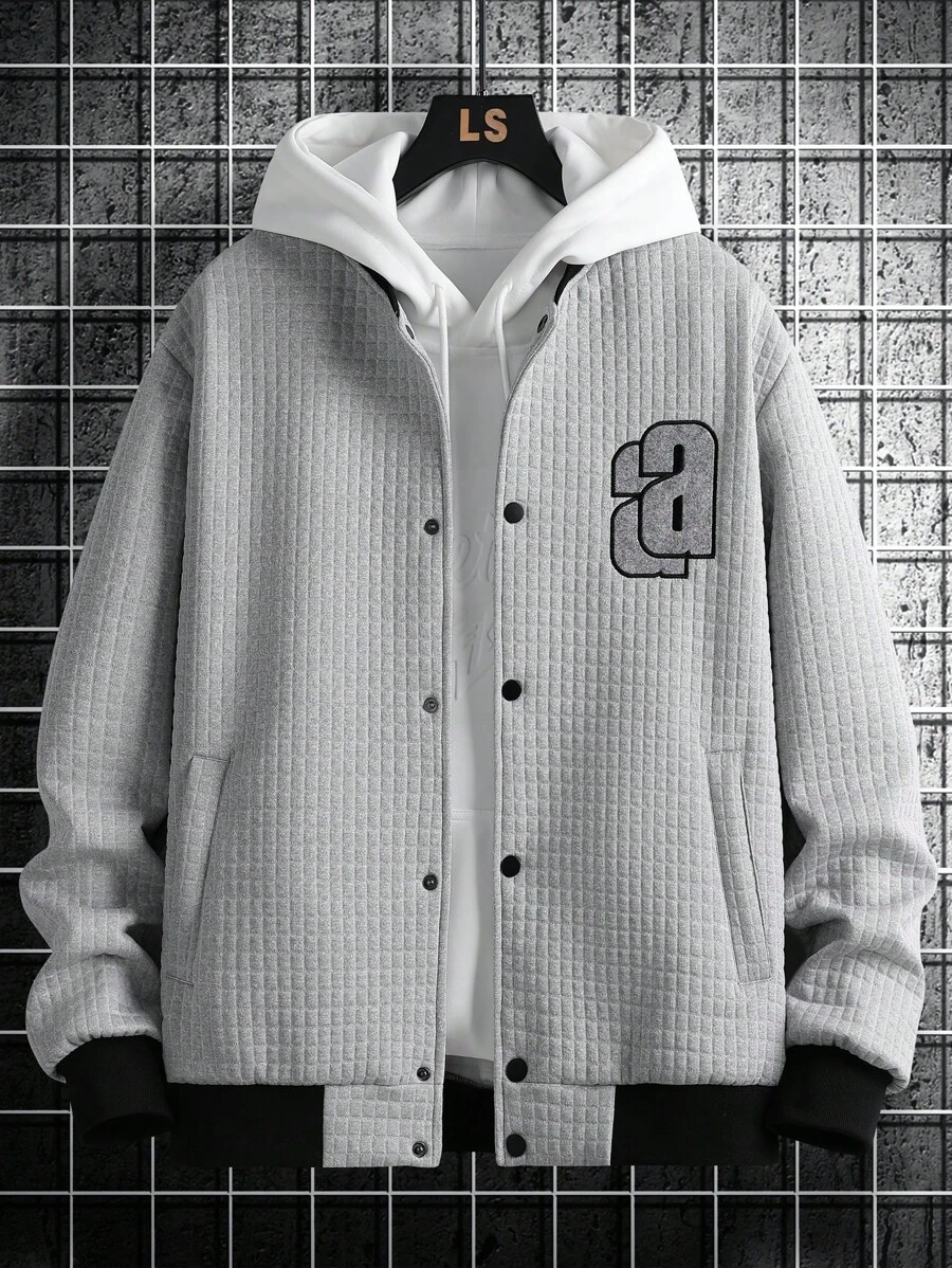 Manfinity Homme 1 Stück Herren einfarbige Kapuzenjacke mit Buchstaben-Applikation, Knopfverschluss, lässig, Langarm, Herren Jacke, Herbst- und Winterkleidung, Winterjacke für Herren, graue Jacke, Jacquard-Gewebe, Freundin-Geschenke