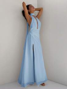 Aloruh Vestido largo de gasa con escote en V profundo, con tirantes finos y espalda descubierta, con cintura ajustada y silueta evasé, adecuado para boda, fiesta y vacaciones, primavera/verano - Azul - Ver 5