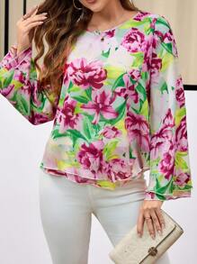 EMERY ROSE Women Floral All Over Print Round Neck Long Sleeve Top, Casual Daily Wear