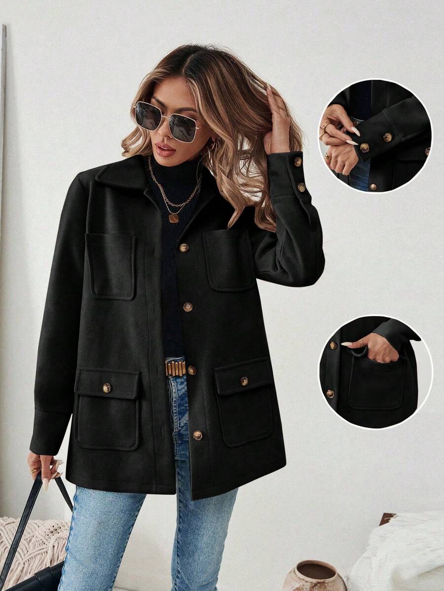 EMERY ROSE 休闲纯色多口袋夹克，百搭秋冬季 - 黑色 - 查看 1