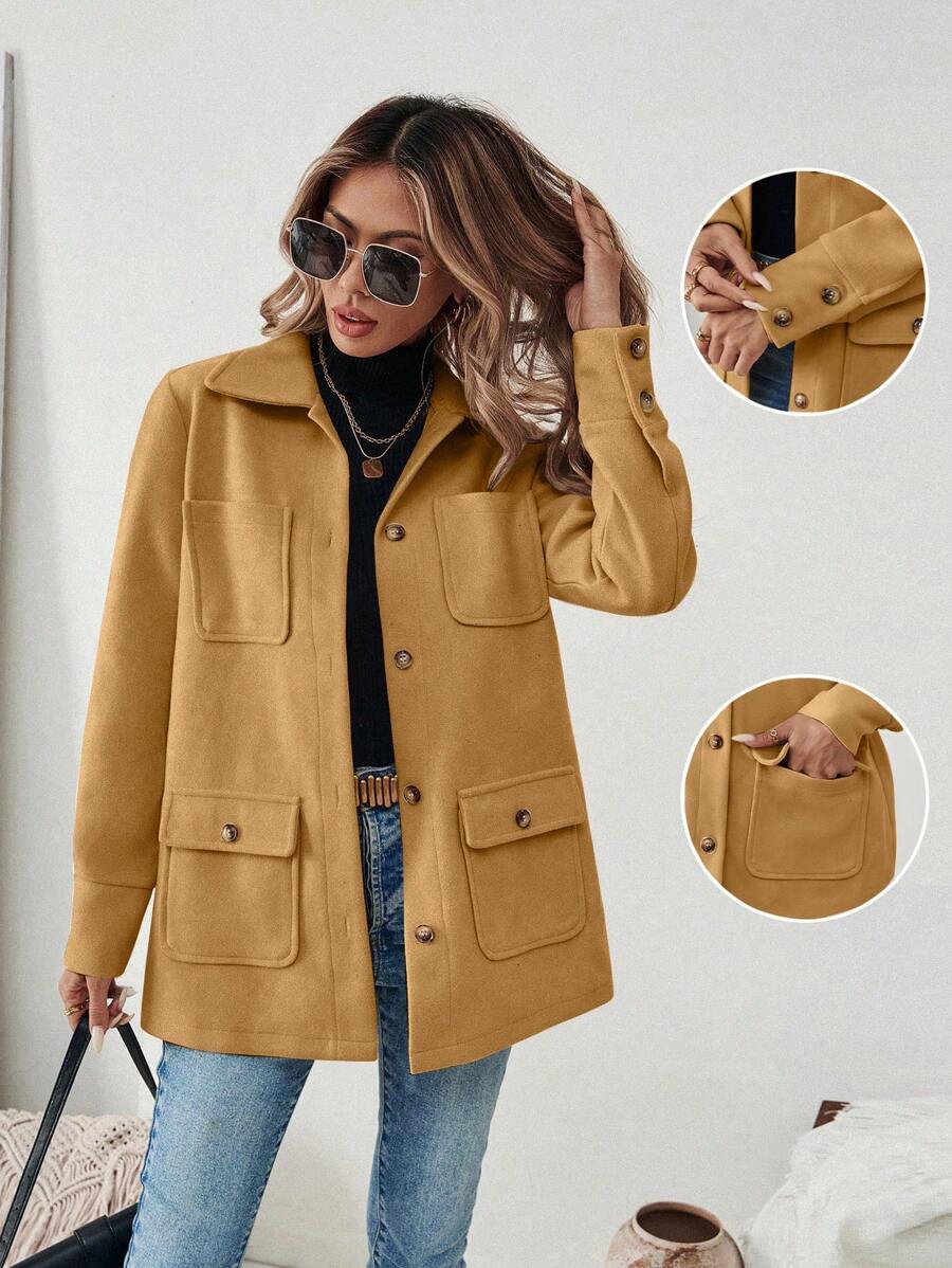 EMERY ROSE 1pc Women Plain Color Button Front Long Sleeve Pocket Casual Jacket Fall Winter Cloth For Women - Khaki - View 1