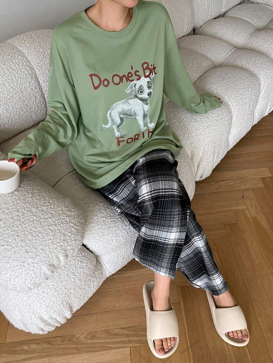 DAZY Conjunto de pijama con 2 piezas: Top con estampado de perro y pantalón de franela a cuadros - Verde - Ver 1