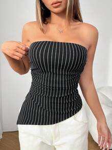 SHEIN PETITE 女式黑色编织条纹抹胸，下摆和开衩不对称 - 黑與白 - 查看 7