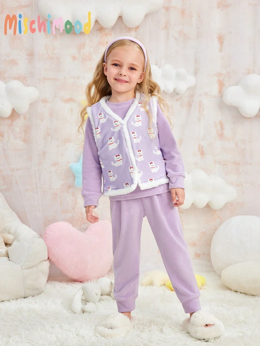 3pcs Young Girls Cute Puppy Purple Velvet Top Outfit With Vest And Pants Set, Warm Winter Loungewear - Purple - View 1