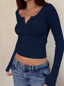 Mystra Women Casual Button Up Ribbed Slim Fit Long Sleeve Sweater , T-Shirt Suitable For Summer And Autumn/Winter Seasons