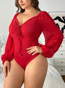 SHEIN Privé Plus Size Casual Elegant Sweetheart Neck Lantern Sleeve Drawstring Bodysuit, Autumn, For Winter