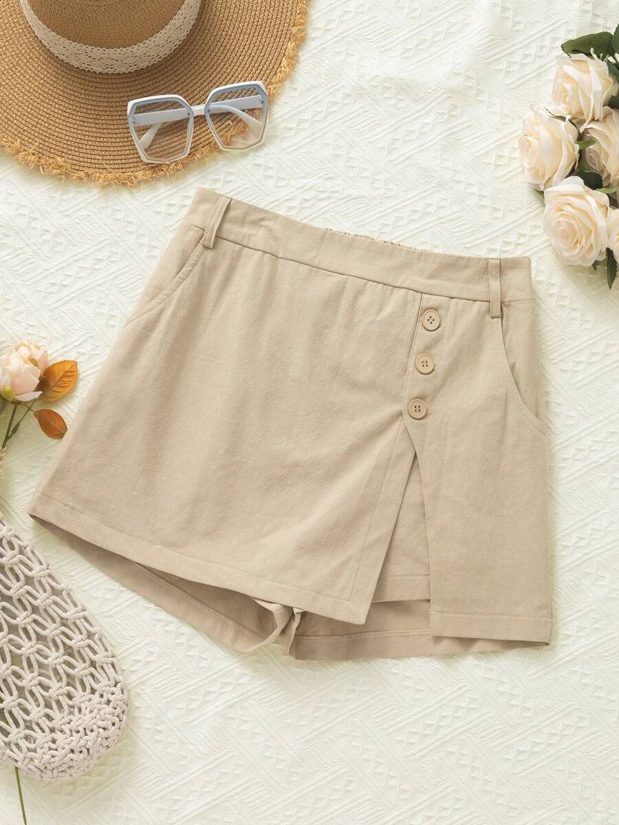 SHEIN VCAY Casual Solid Color Woven High Waisted Skort For Women - Khaki - View 1