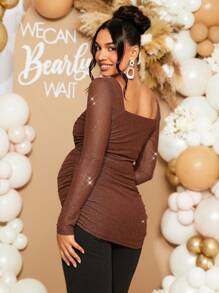 Loomaby Maternity Solid Color Square Neck Long Sleeve Ruched Casual T-Shirt, For Baby Shower Party - Coffee Brown - View 2