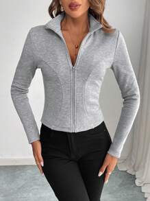 SHEIN Privé Chaqueta deportiva casual con estilo, de cuello alto, cremallera y manga larga ajustada para mujer