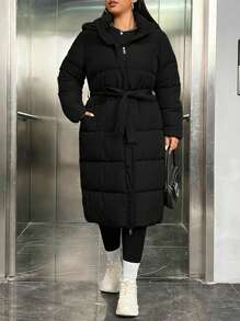 SHEIN CURVE+ Curve Plus Size Padded Jacket With Side Belted Waist And Pockets, For Winter - Black - View 6