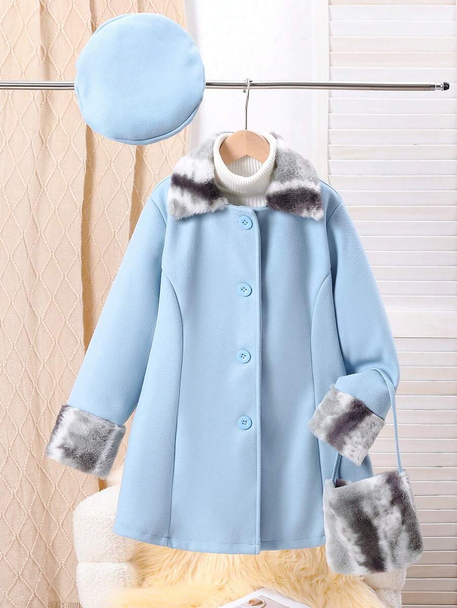 Tween Girl Casual Fluffy Patchwork Single Breasted Knitted Jacket With Hat & Bag - Blue - View 1