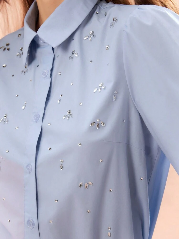 New Autumn Winter Products,Women's Elegant Button-Front Long Sleeve Shirt With Exquisite Sparkling Diamonds& Rhinestone Decor,Fall Winter  Women's Clothing