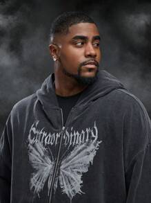 Mainfolk Plus Size Men Washed Knit Butterfly Pattern Hoodie Sweatshirt, For Fall Winter - Black - View 1