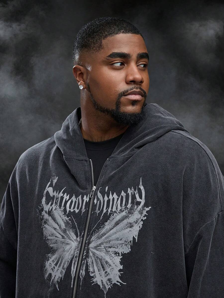 Mainfolk Plus Size Men Washed Knit Butterfly Pattern Hoodie Sweatshirt, For Fall Winter - Black - View 1