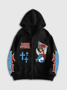 ROMWE MEN Street Life Letter & Angel Print Hooded Zip-Up Long Sleeve Sweatshirt For Men - Black - View 1