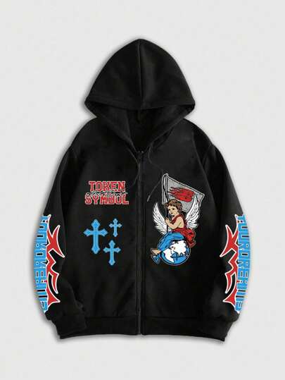 Street Life Letter & Angel Print Hooded Zip-Up Long Sleeve Sweatshirt For Men