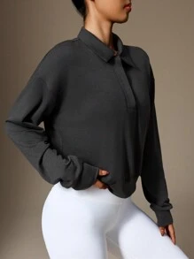 SHEIN Sports 1pc Solid Color Knitted Long Sleeve Outdoor Sports Sweatshirt - Black - View 3