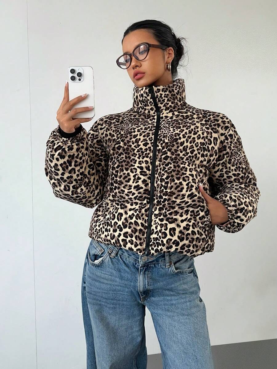 Aloruh 秋冬新款女式豹纹棉衣 - 駝色 - 查看 1
