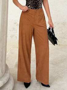 SHEIN Tall 女式休闲纯色直筒灯芯绒裤 - 棕色 - 查看 4