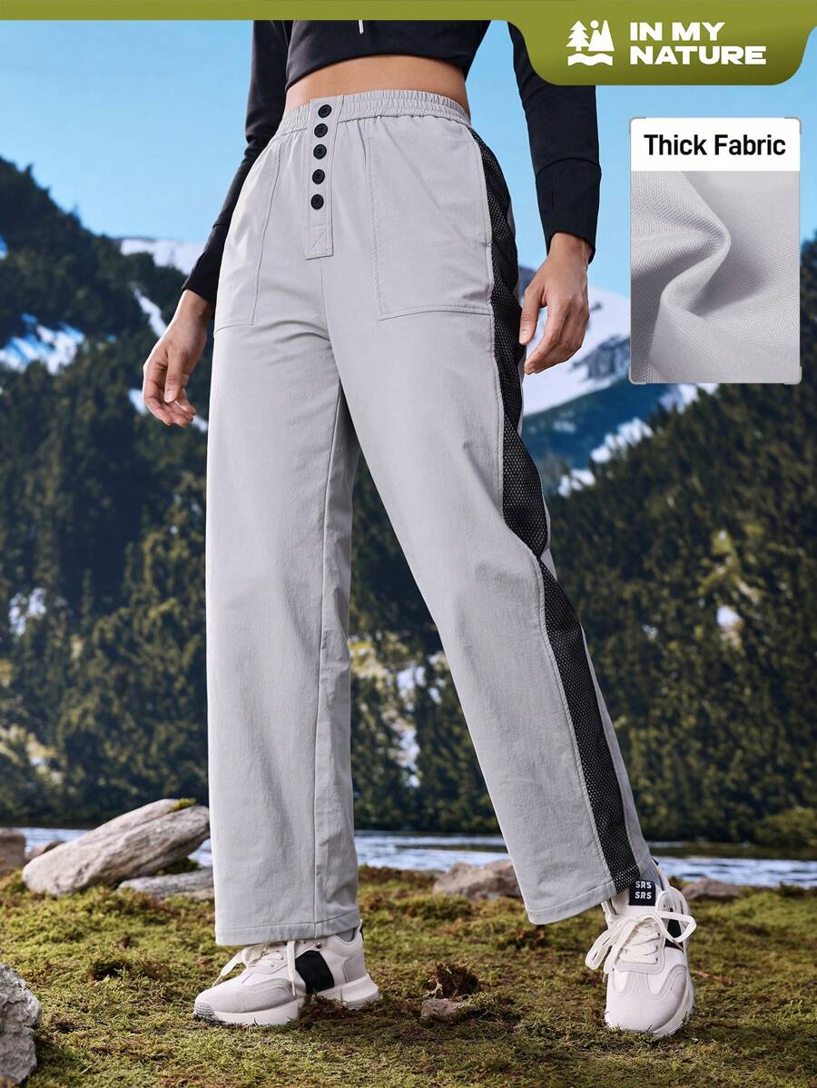 In My Nature Pantalones rectos para senderismo con botones delanteros y lados de contraste para mujer - Gris - Ver 1