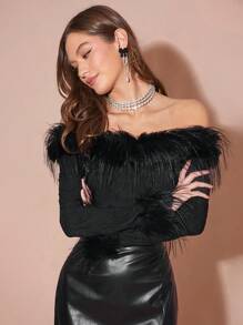Enchnt Women's Black Elegant Feathers Decor Off Shoulder Fitted Blouse,Autumn Night Out Blouse For Valentine's Day,Christmas Party&New Years - Black - View 2