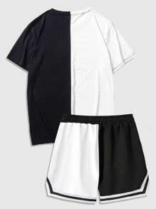 ROMWE MEN Grunge Punk Camiseta con gráfico de esqueleto de dos tonos y pantalones cortos con cordón en la cintura para hombres, escuela - Blanco y Negro - Ver 2