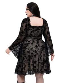 Whyspr Goth Punk Gothic Style Flounced Lace Long Sleeve Black Long Dress, Sweet And Elegant - Black - View 2