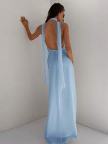 Aloruh Vestido largo de gasa con escote en V profundo, con tirantes finos y espalda descubierta, con cintura ajustada y silueta evasé, adecuado para boda, fiesta y vacaciones, primavera/verano - Azul - Ver 3