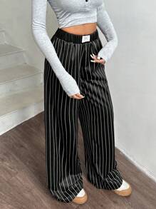 SHEIN EZwear Women Autumn/Winter College Style Striped Ribbed Waist Relaxed Wide Leg Sweatpants - Black and White - View 4