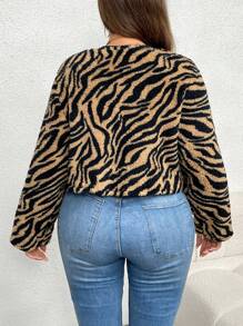 Calvaya Plus Size All-Over Print Winter Casual Long Sleeve Fluffy Jacket - Brown - View 2