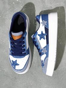 Beok 女士黑白星星印花休闲运动鞋透气拼接学生舒适平底鞋万圣节圣诞节学生鞋滑板鞋秋冬休闲运动鞋 - 藍白色 - 查看 3