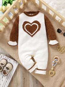 Adorable Baby Essential! Thickened Chenille Romper, Round Neck Long Sleeve Design To Keep Warm, All-In-One Style For Convenient And Comfortable Wear, Heart Pattern Embellishment Adds Sweet Vibe, Creates Lovely Crawling Time For Your Little One, Every Step Filled With Love And Warmth - Beige - View 1