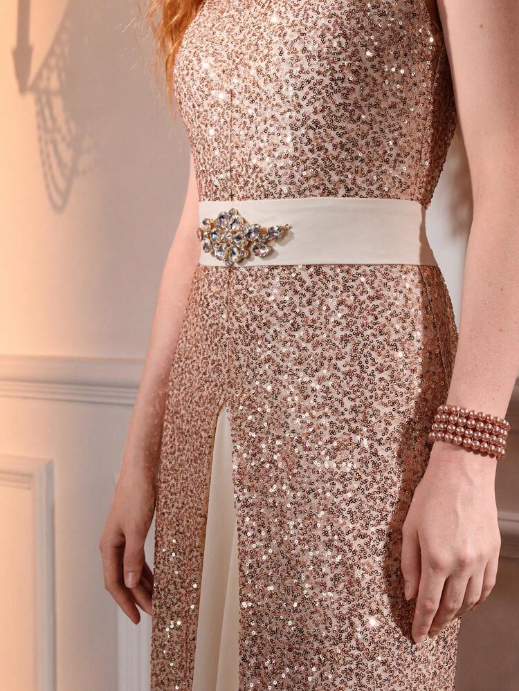 The Great Gatsby x MOTF Vestido largo de corte Maxi con cuello en V de lentejuelas, cintura con aplicación de cristales y bloques de color