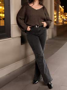 Calvaya 大码休闲纯色 V 领宽松毛衣，秋冬