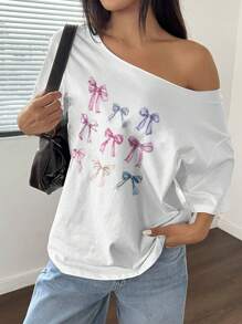 Flirla 1buc Top cu umăr liber, cu umăr cu bowknot, tricouri grafice supradimensionate Topuri pentru femei