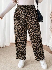SHEIN VCAY Plus Size Leopard Print Paper Bag Waist Casual Pants - Multicolor - View 1