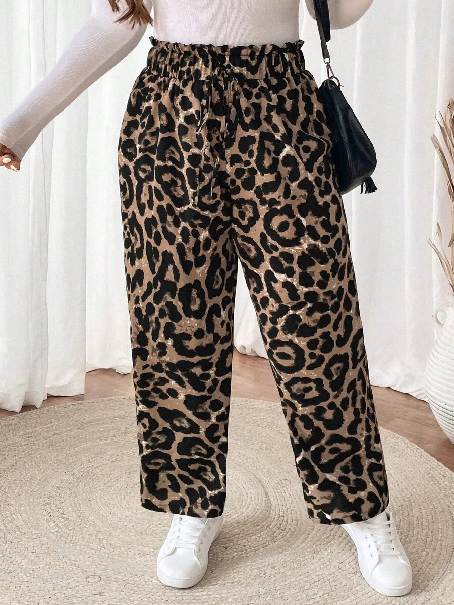 SHEIN VCAY Plus Size Leopard Print Paper Bag Waist Casual Pants - Multicolor - View 1