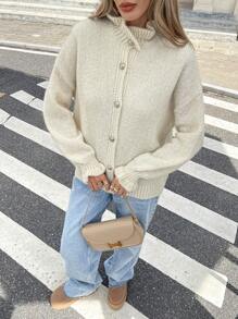 SHEIN Frenchy Áo len cardigan cài nút bèo nhún thường ngày cho nữ, Áo len cardigan dài tay màu trơn mềm mại cho nữ, Áo len cardigan dài tay màu trơn mềm mại cho nữ, Chúng tôi khuyên bạn nên mua nhỏ hơn một cỡ! Siêu ấm và mềm mại! Vào mùa thu/đông - Nhiều màu - Xem 3