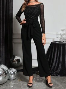 SHEIN Clasi 1 bộ đồ liền thân hở vai đính sequin sang trọng cho tiệc tùng dành cho nữ - màu đen - Xem 8