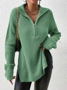 SHEIN Frenchy 半拉链落肩粒纹黑色毛衣